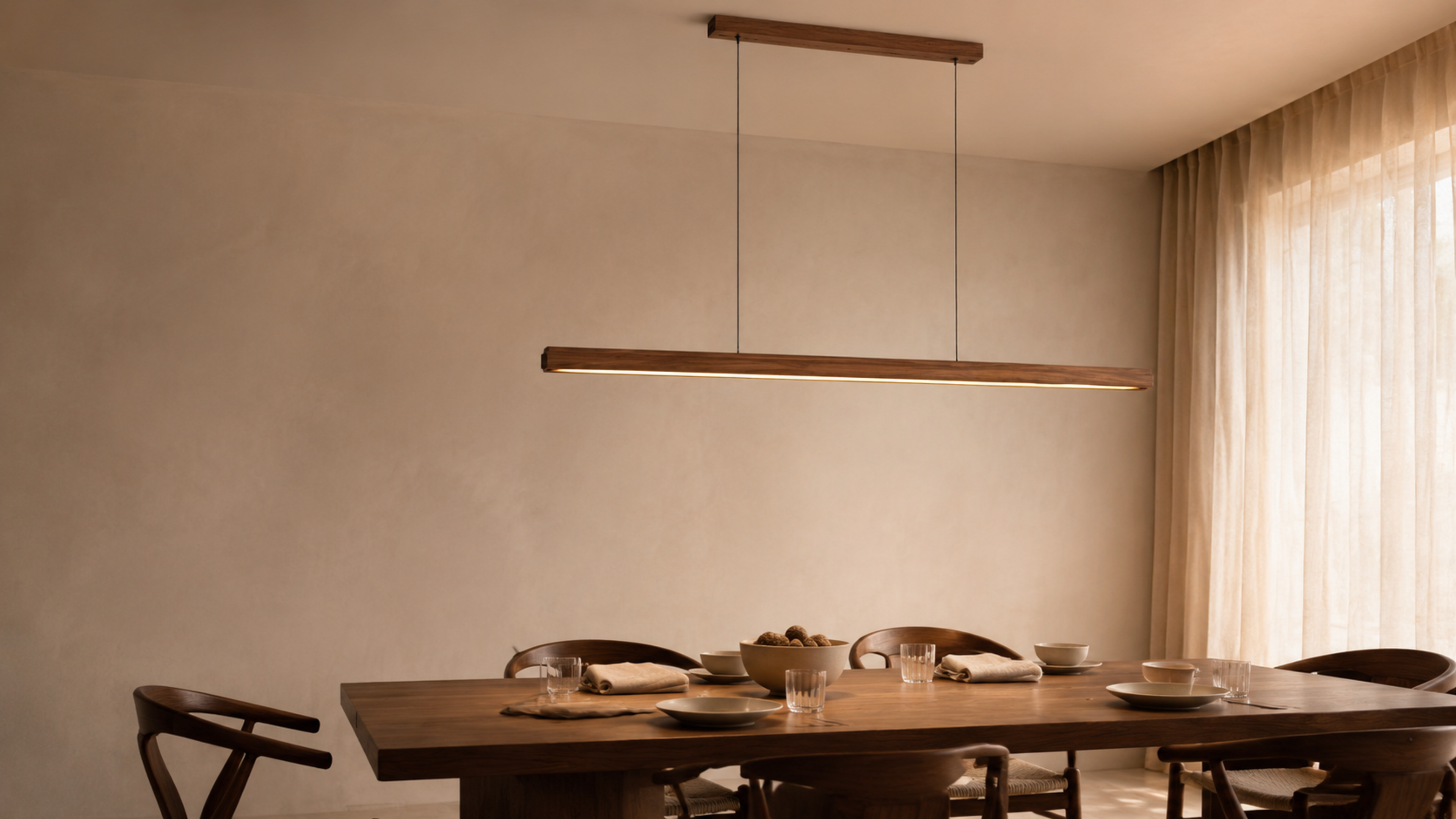 Walnut wood linear pendant in a dining roomslider_item_1