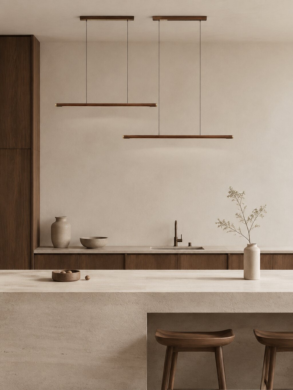 A refined pendant light over a quiet kitchen island.