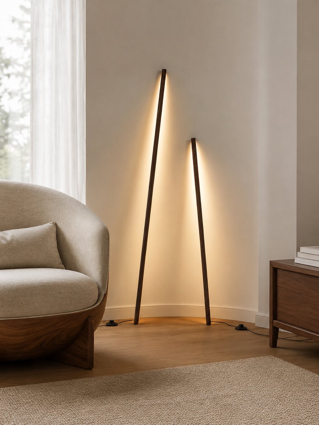 A slender floor lamp in a softly layered reading corner.