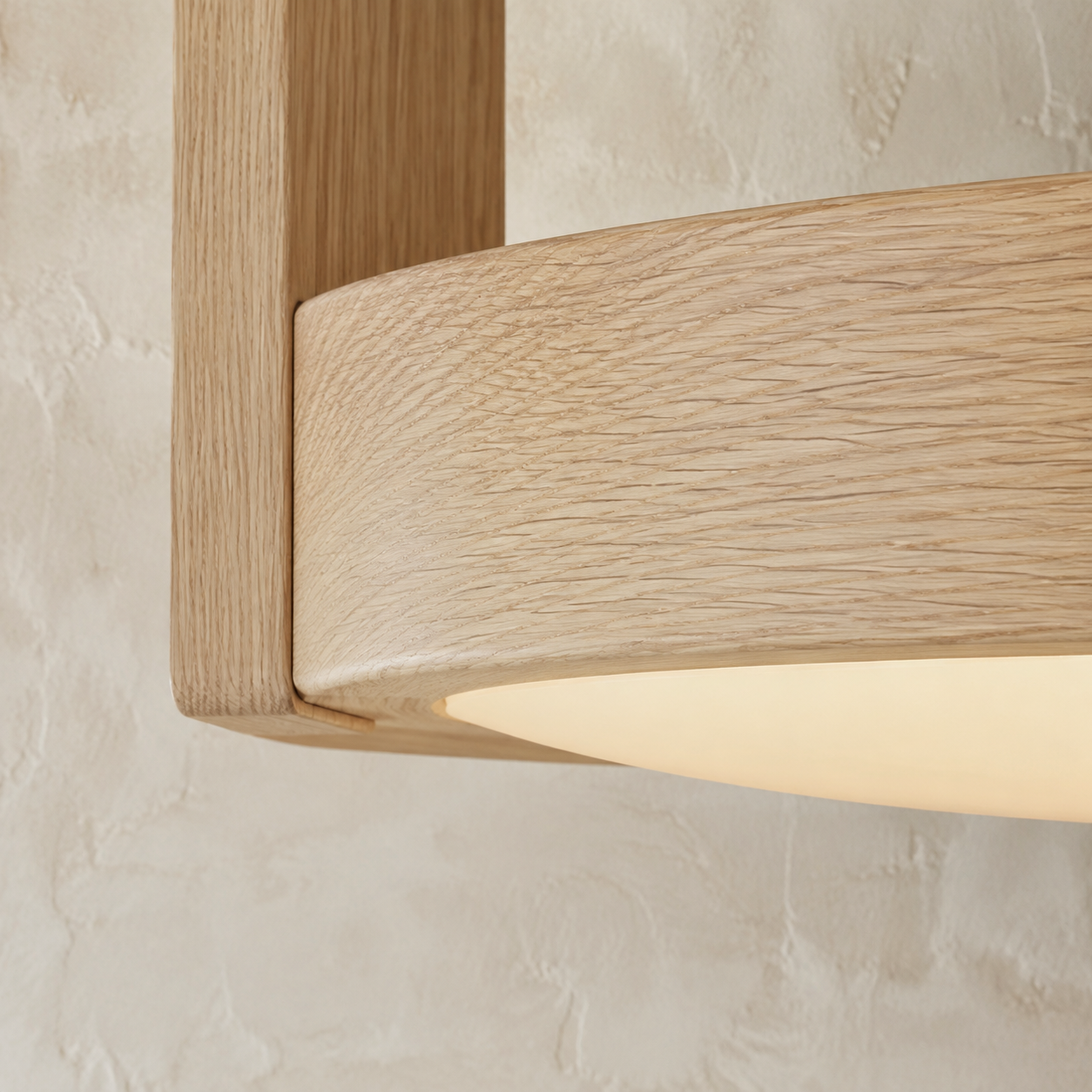 White oak lighting detail with a softly lit diffuser