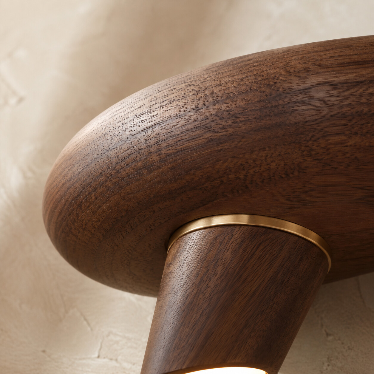 Close-up of dark walnut grain and brass lighting joinery