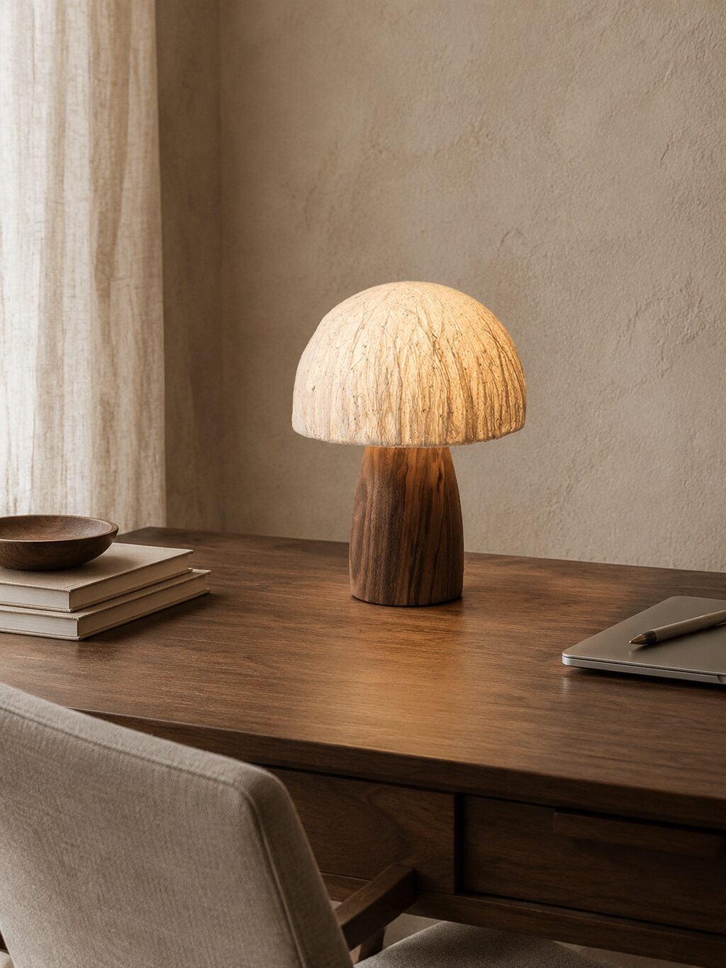 A table lamp casting a warm pool of light by the bedside.