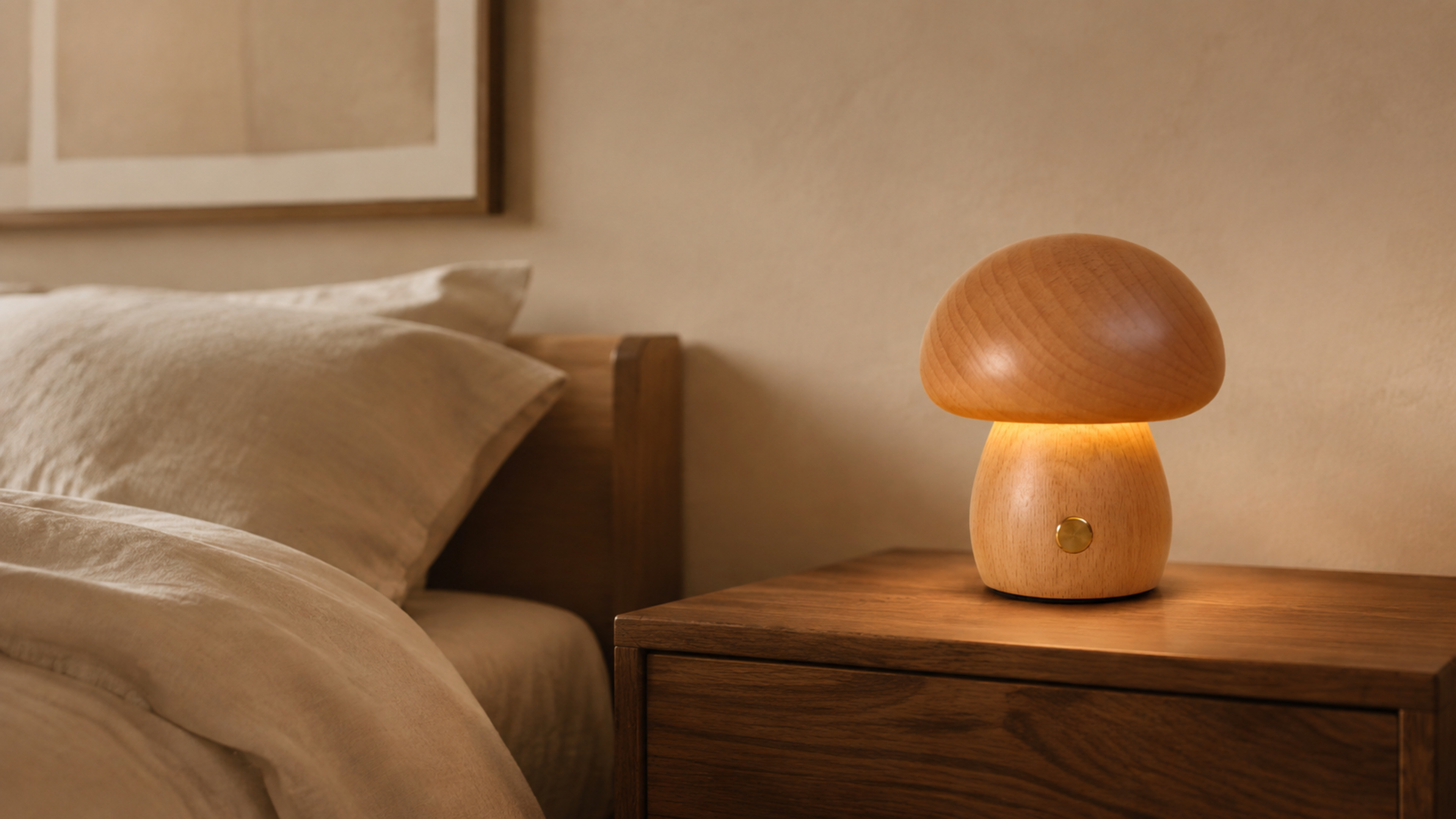 Walnut mushroom table lamp beside a bedslider_item_4