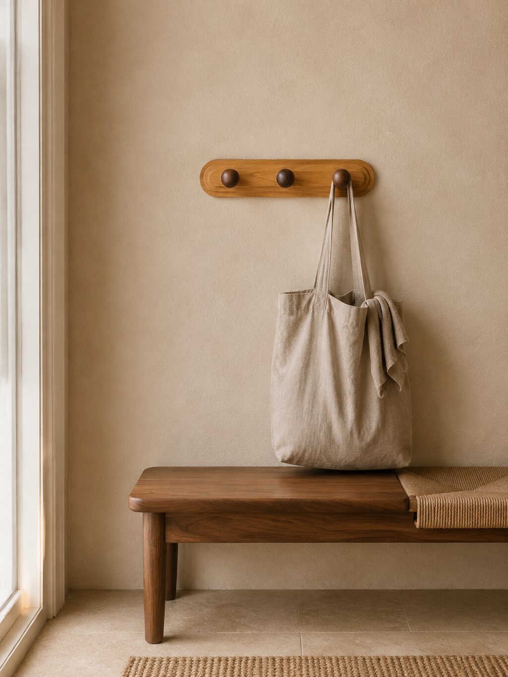 A warm wood entry detail with a practical storage hook.