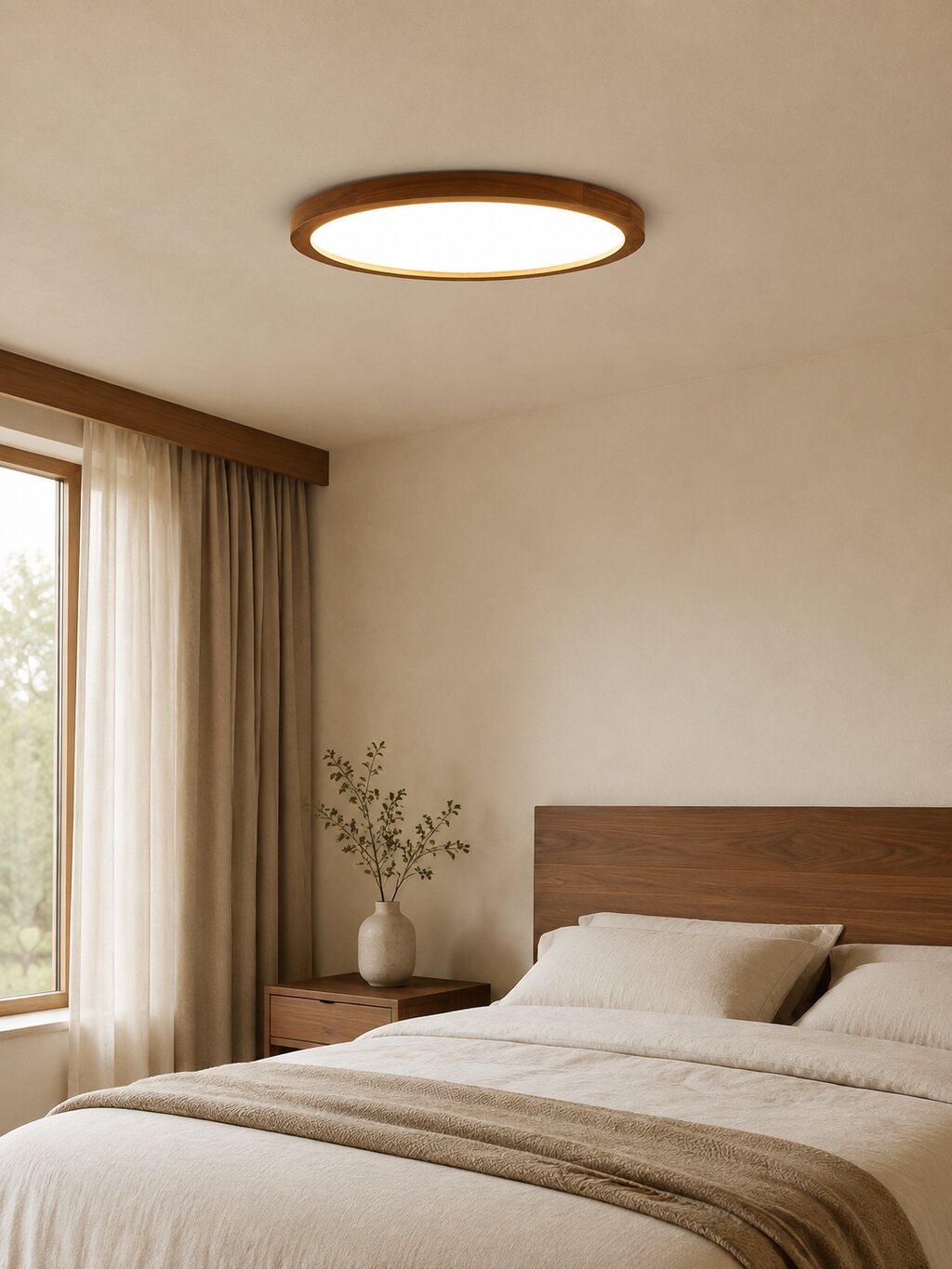 A thin walnut flush mount in a calm cream bedroom.