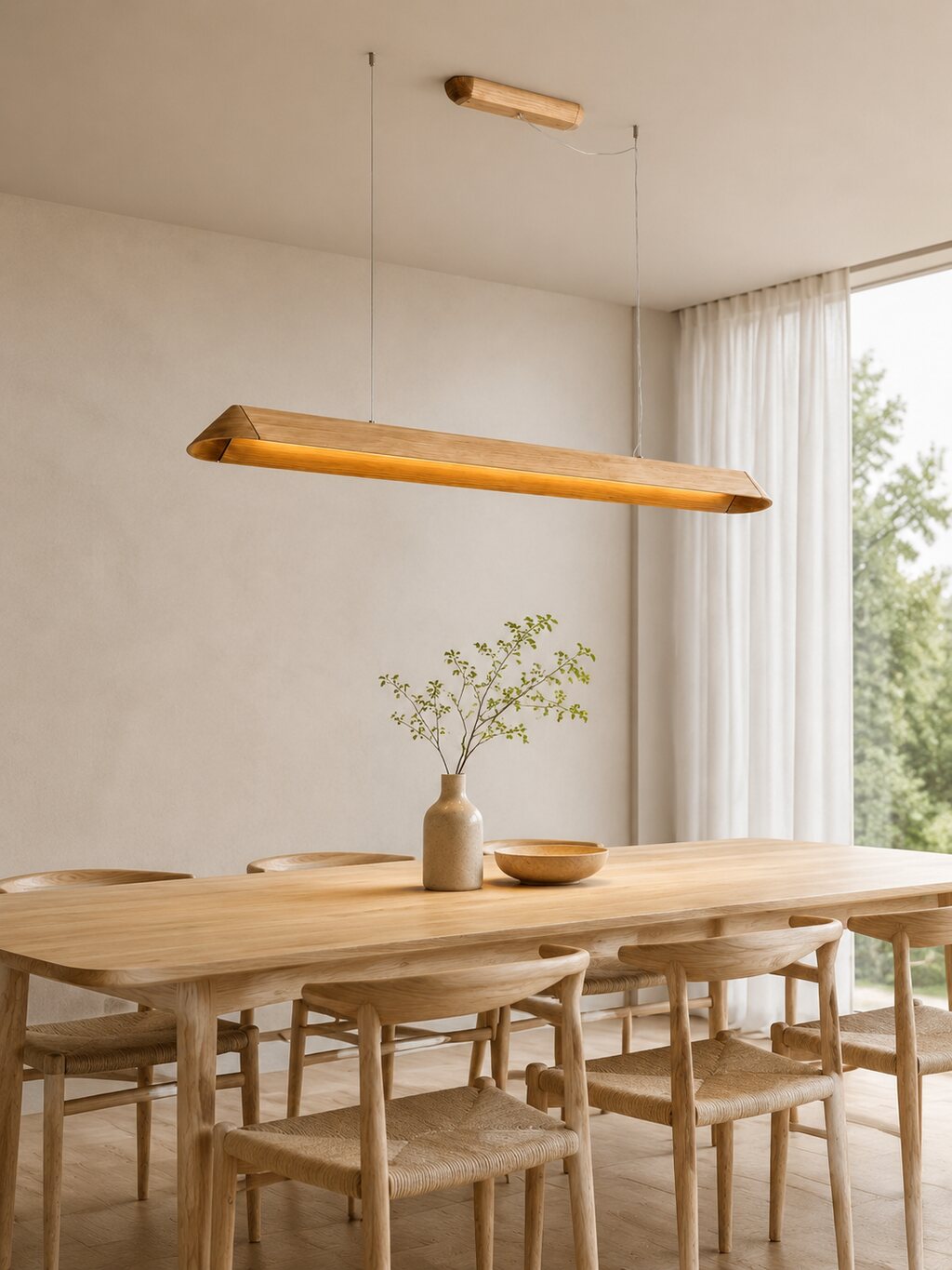 A new lighting arrival, shown in an airy dining space.