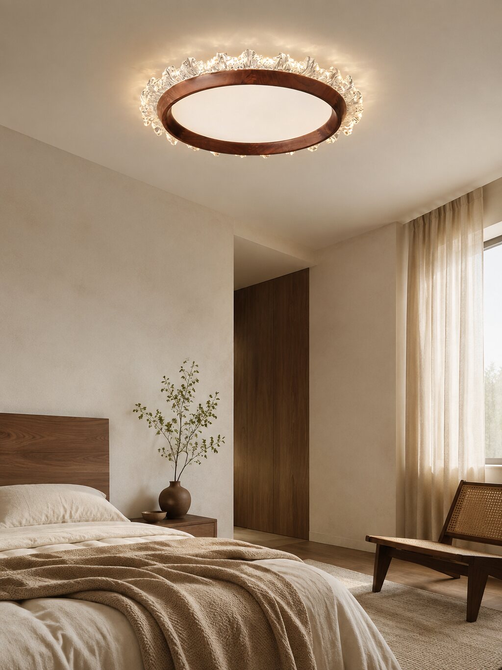 A best-selling walnut ceiling light in a serene bedroom.