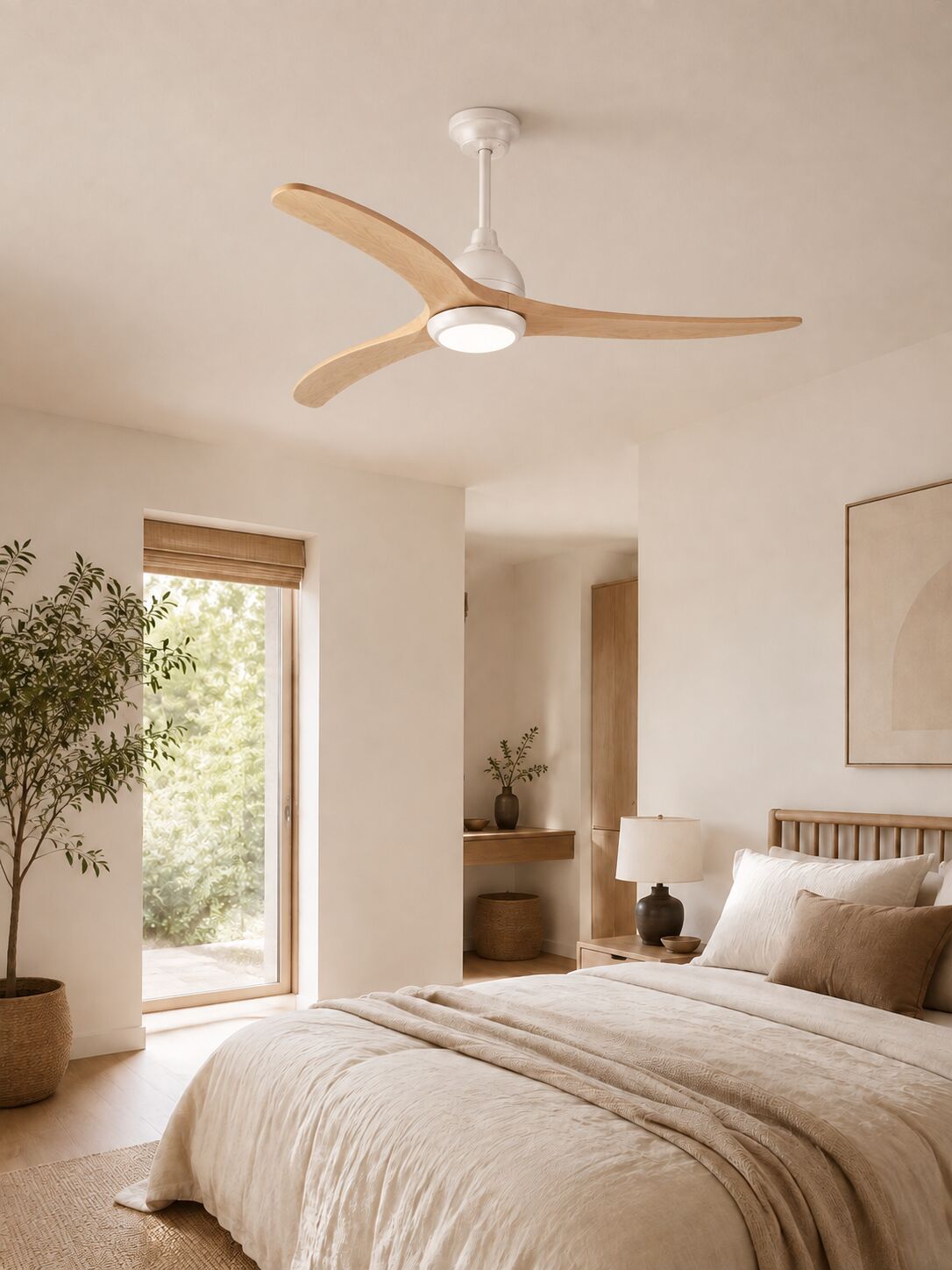 Wooden Color ceiling fan in a bright bedroom