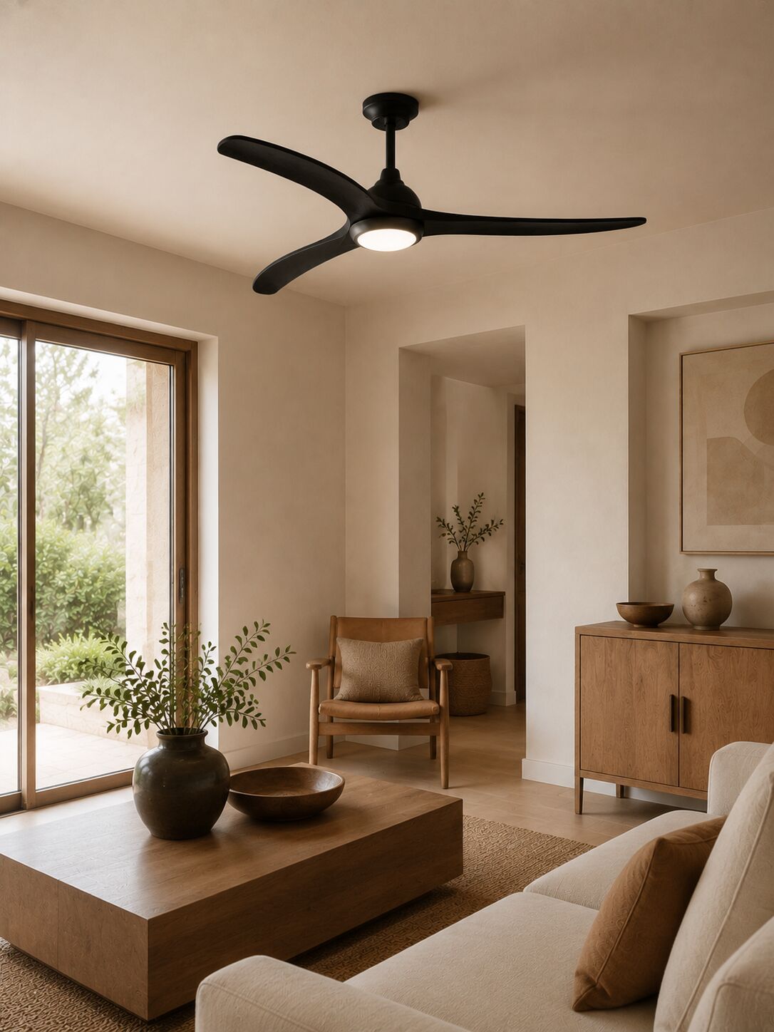 Matte Black ceiling fan in a living room