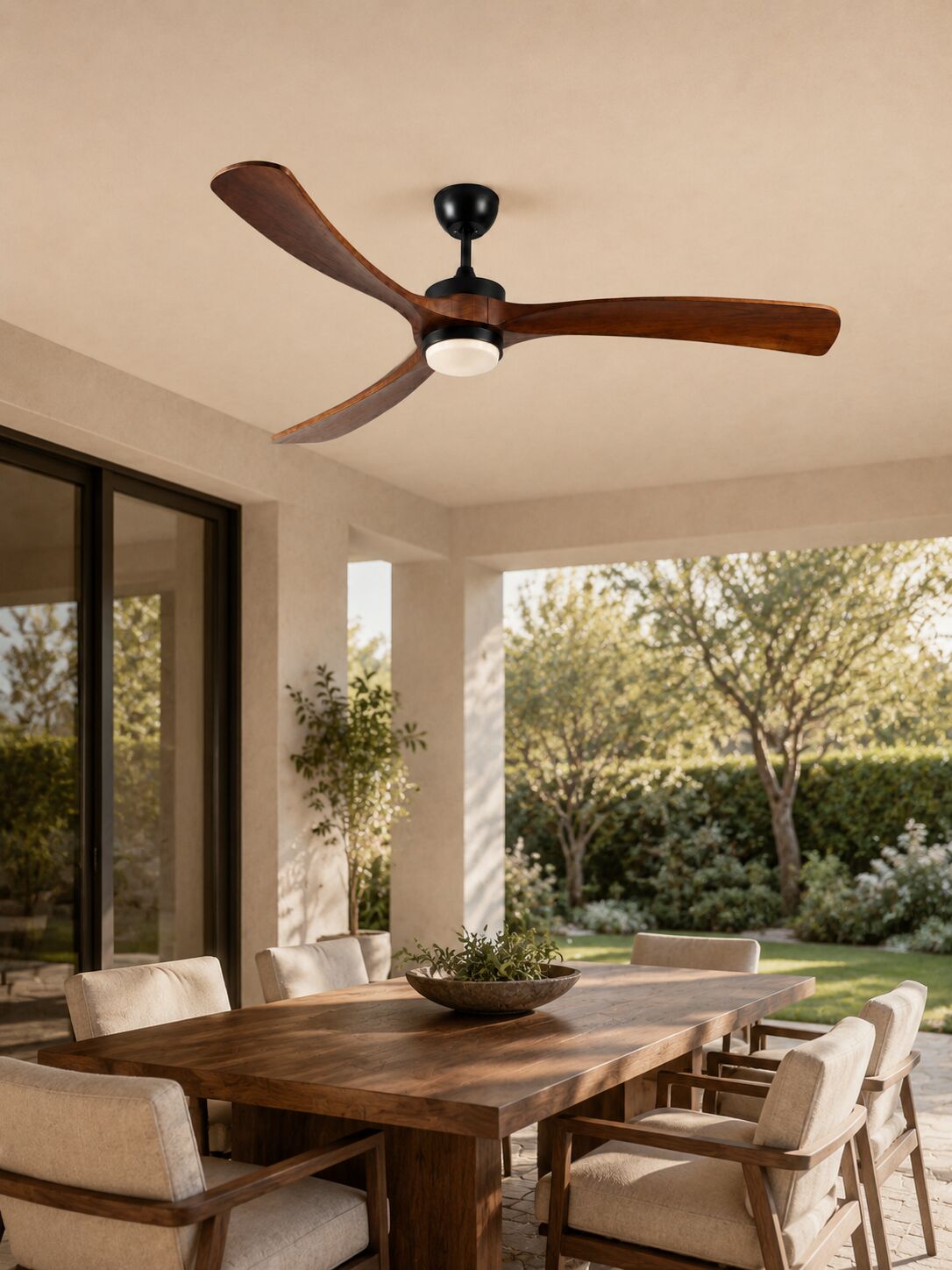 Walnut Color 72-inch ceiling fan on a covered patio