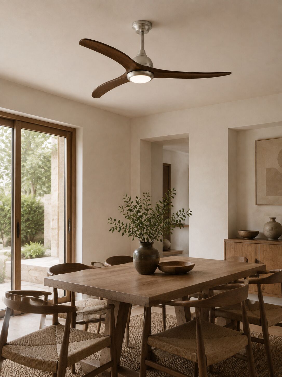 Walnut Color ceiling fan over a dining room
