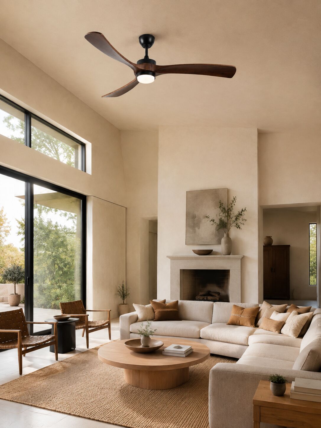 Walnut Color 72-inch ceiling fan in a warm living room