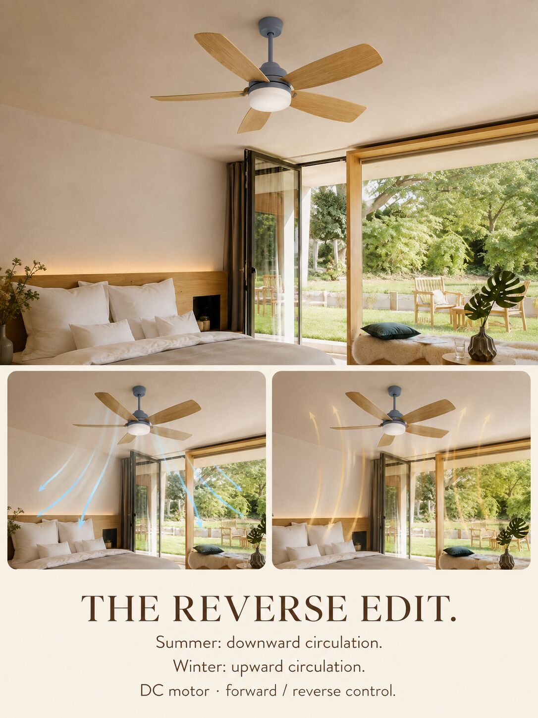 DC ceiling fan — reversible summer and winter airflow