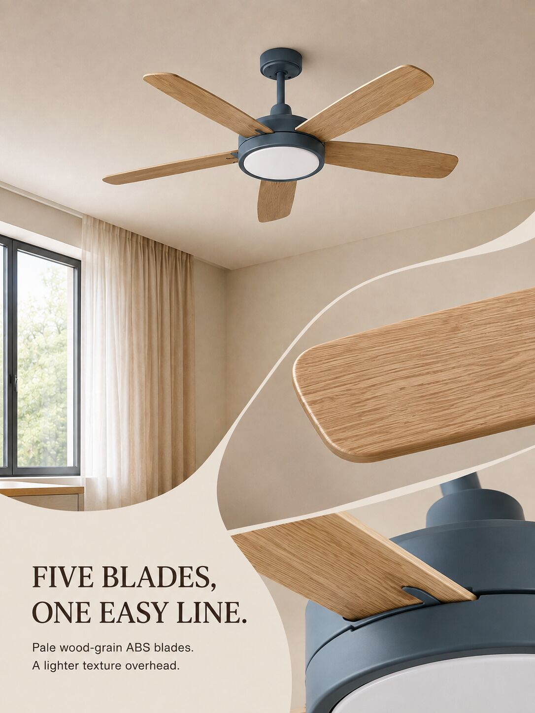 Five pale wood-grain ABS blades — material editorial