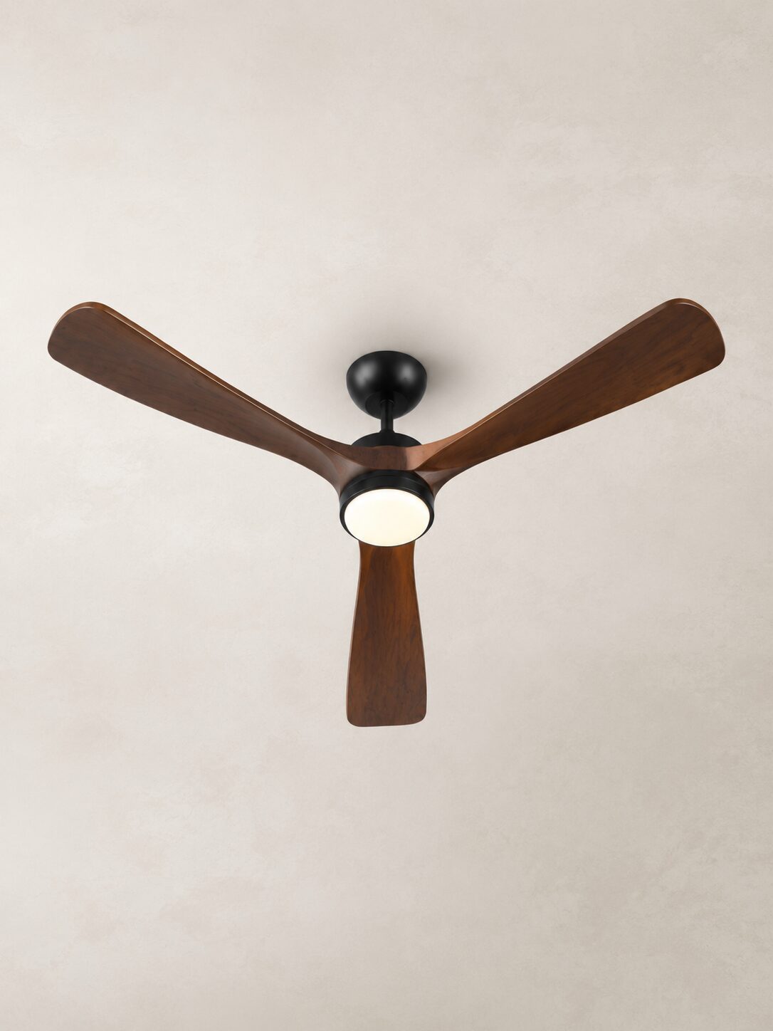 72-inch Walnut Color three-blade ceiling fan with integrated LED centered on a pale limewash ceiling