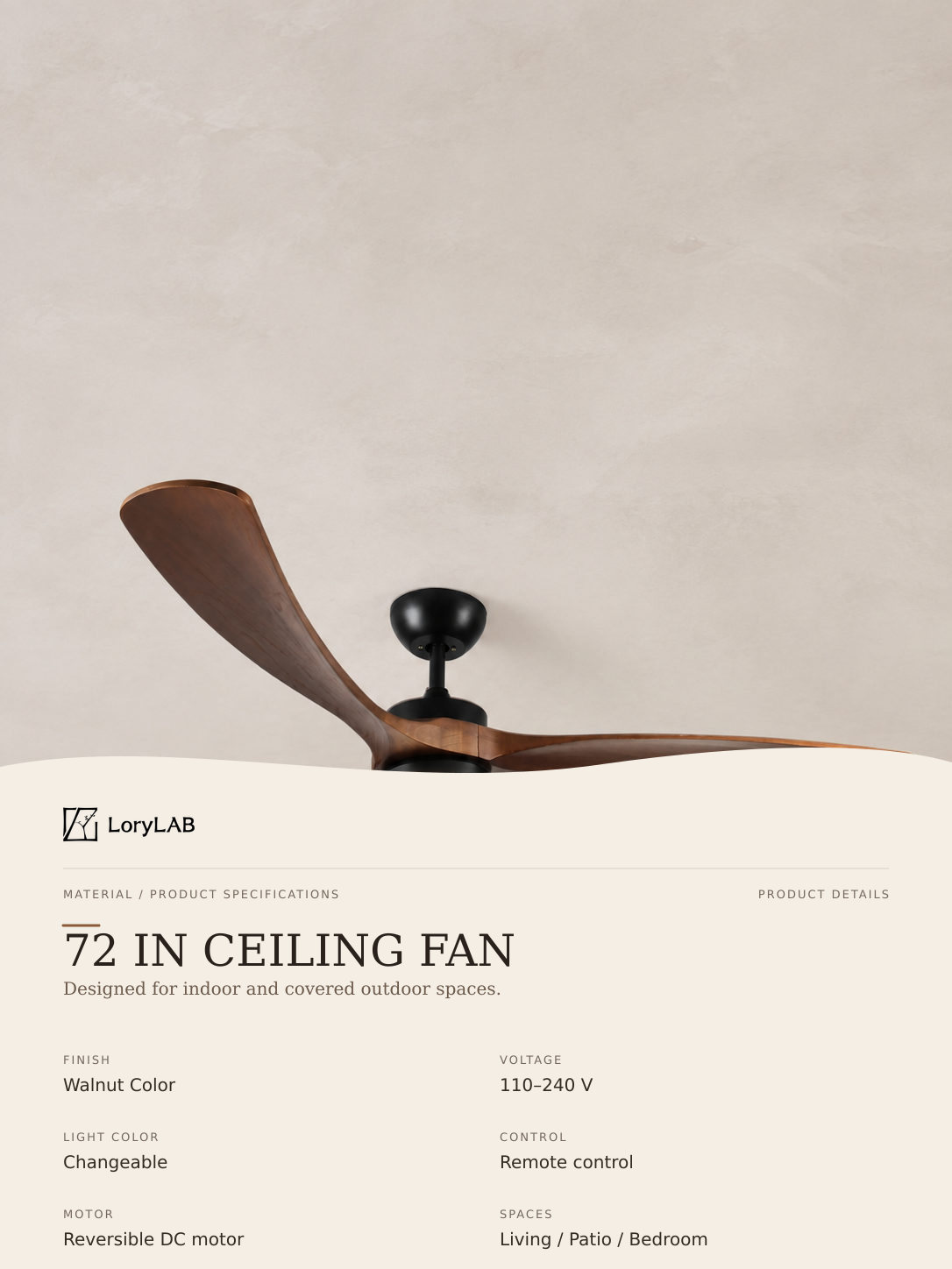 72-inch Walnut Color ceiling fan verified product specifications