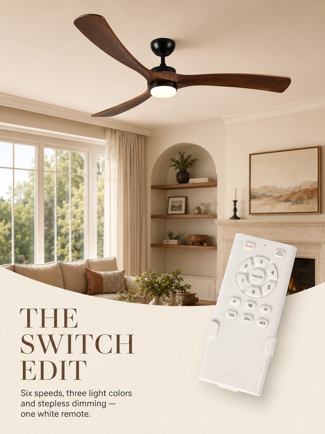 Actual white six-speed remote with numbered 1–6 button ring and walnut ceiling fan