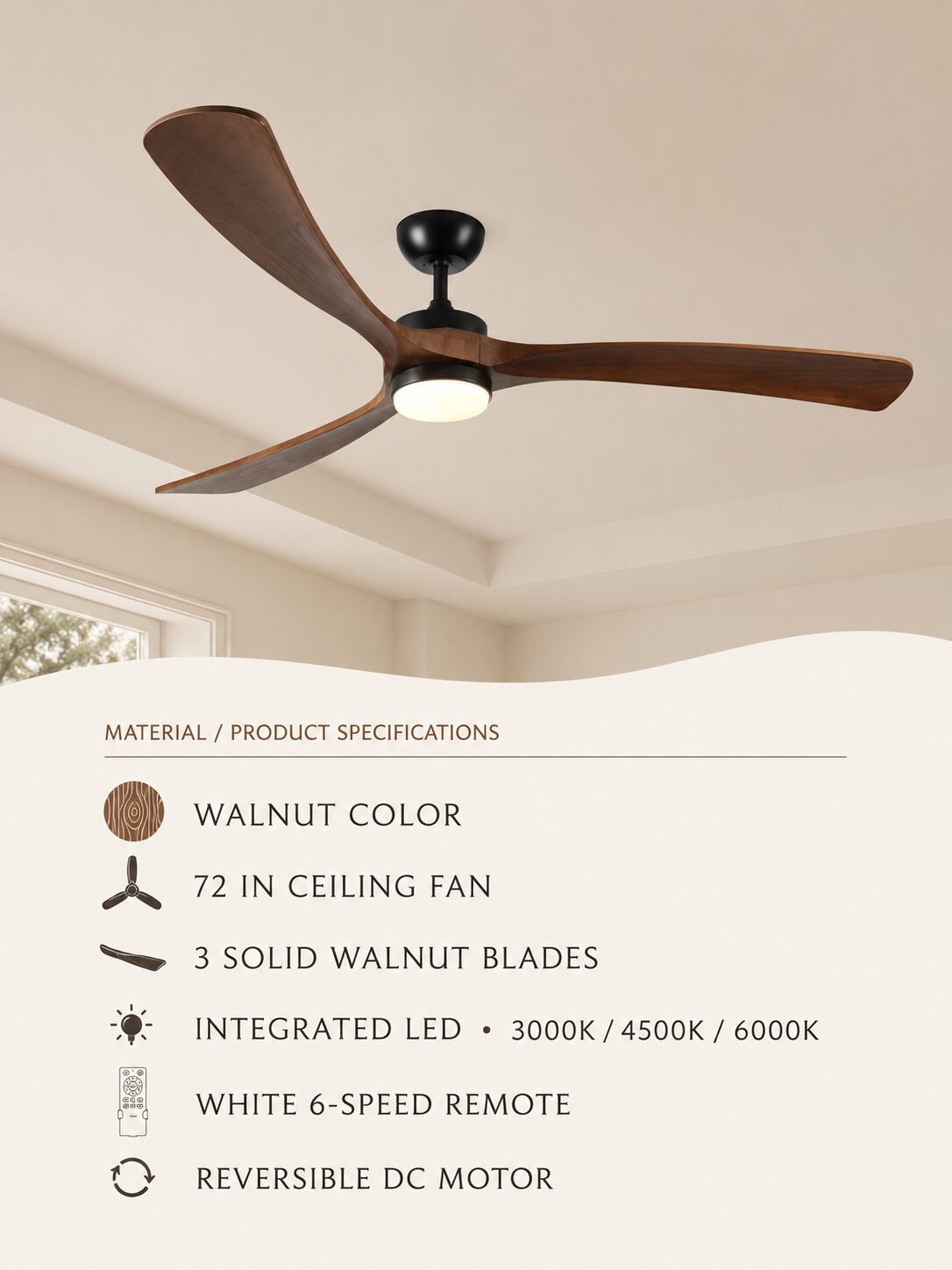 Walnut Color 72-inch ceiling fan material and product specifications