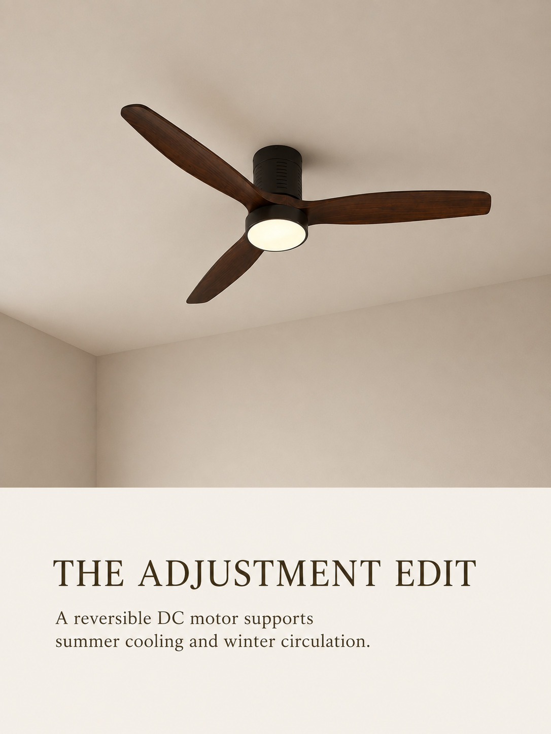 Reversible DC motor feature on Walnut Color fan