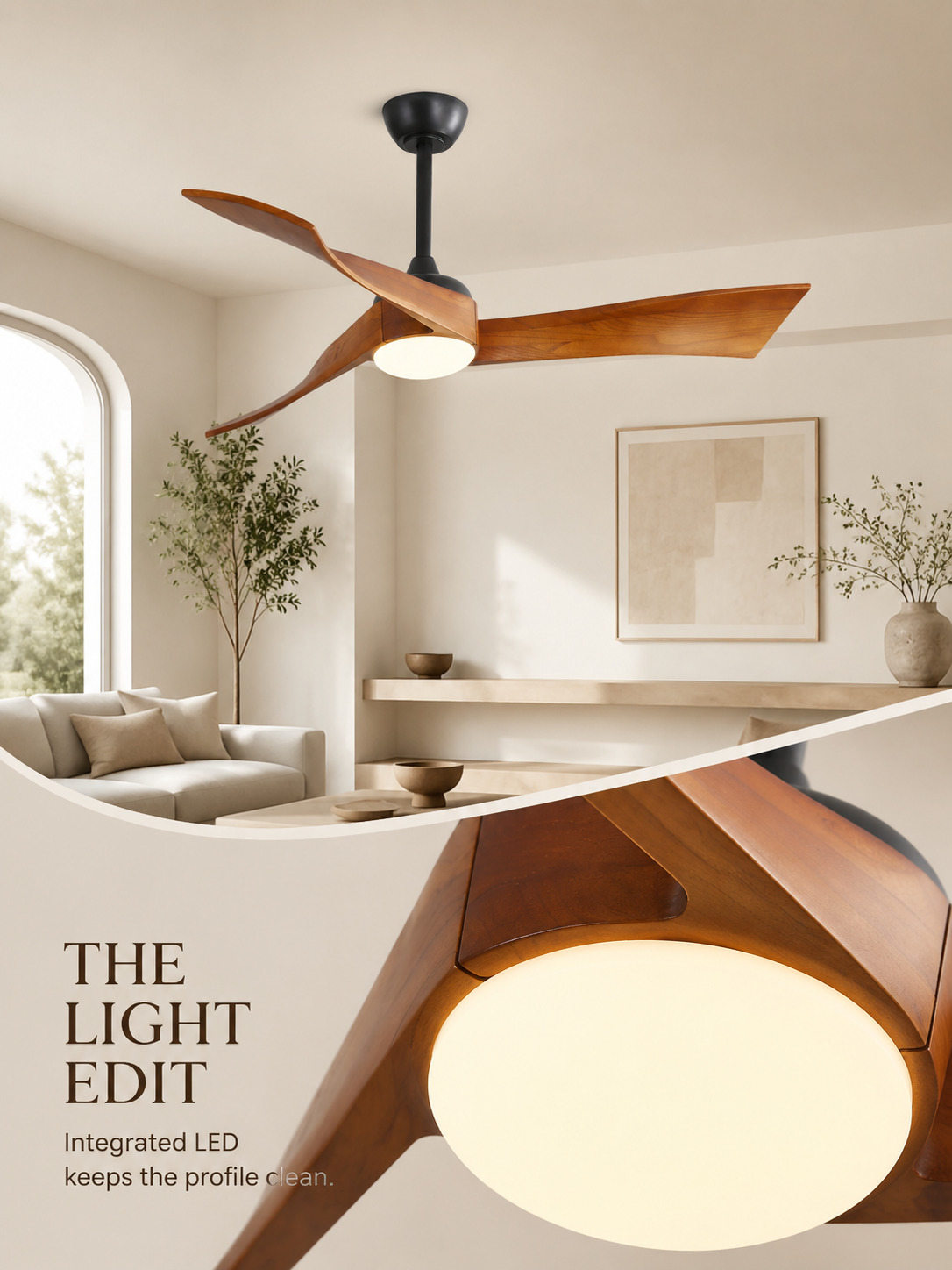 Integrated LED diffuser detail on Walnut Color fan