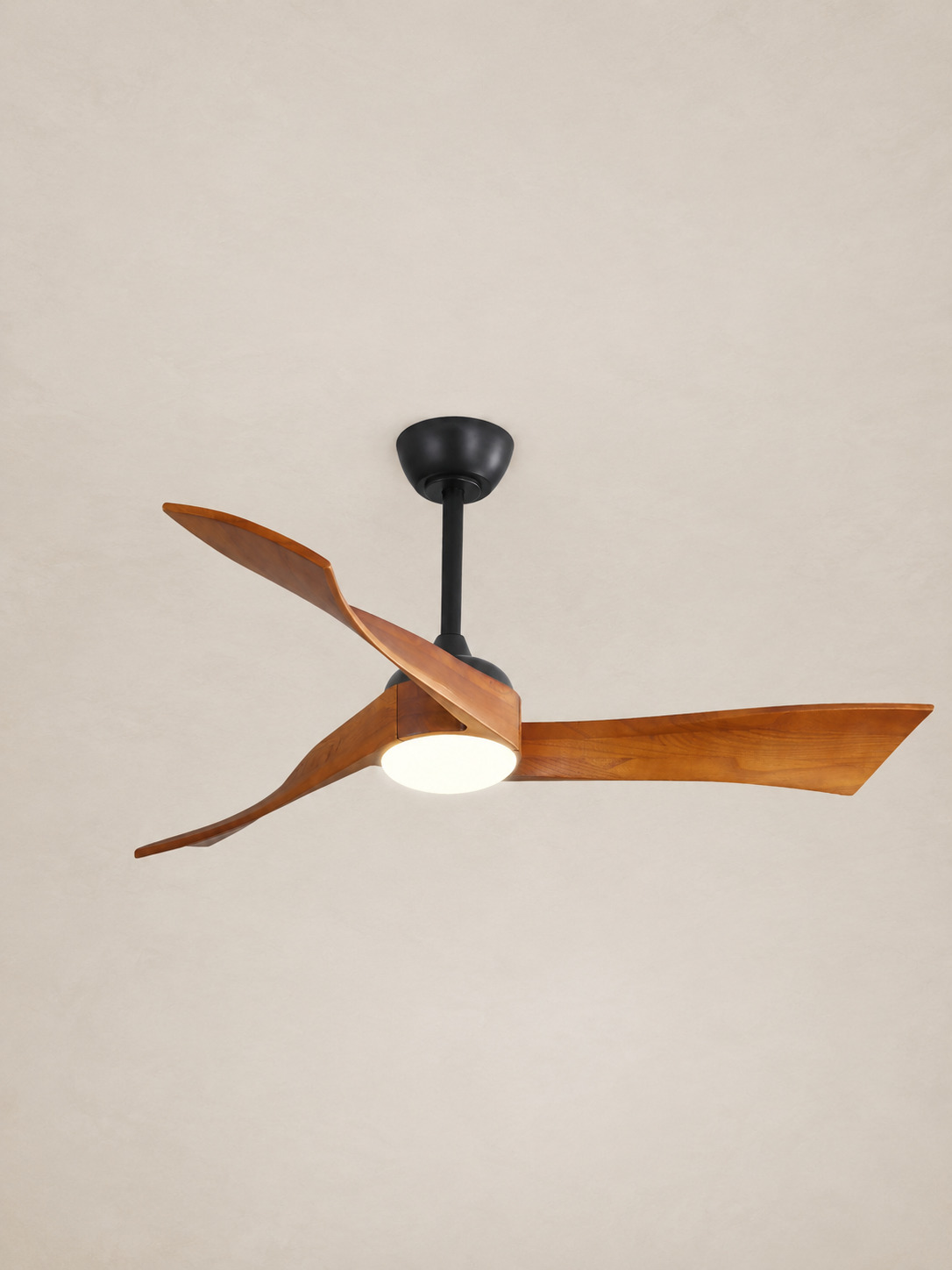 Walnut Color ceiling fan centered on pale ivory ceiling