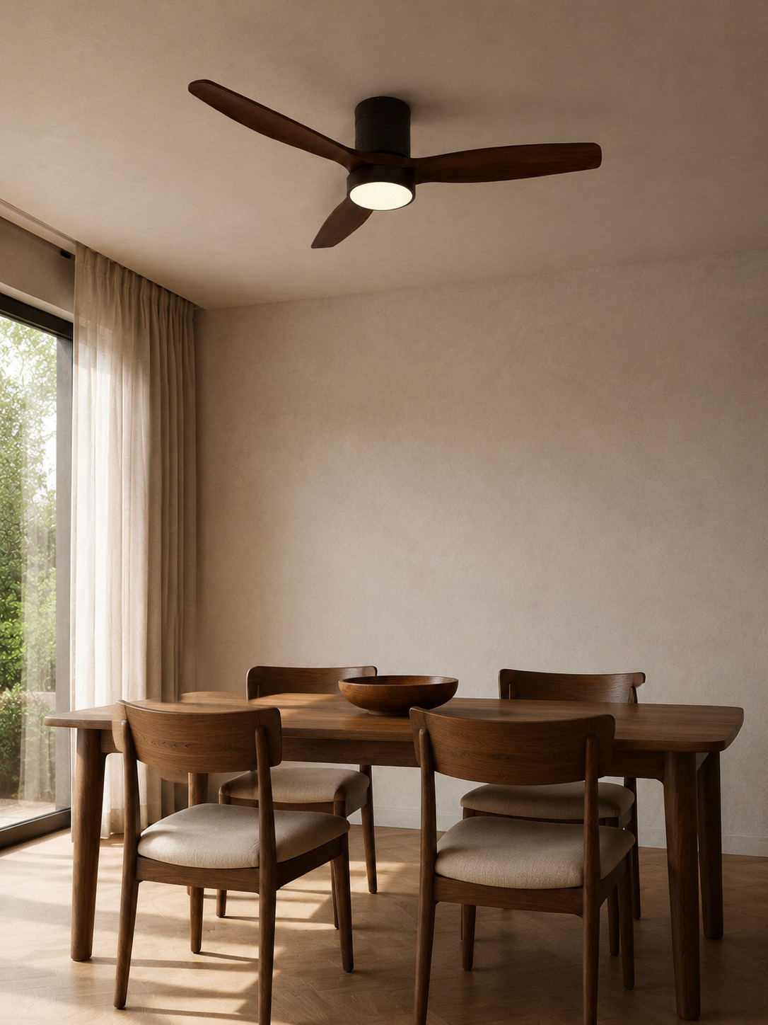 Walnut Color flush mount ceiling fan above a dining table