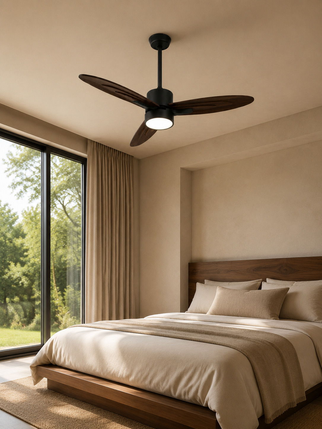 Walnut Color downrod ceiling fan in a quiet bedroom