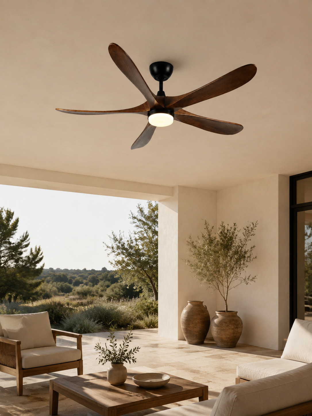 Walnut Color 62-inch five-blade ceiling fan on a covered patio