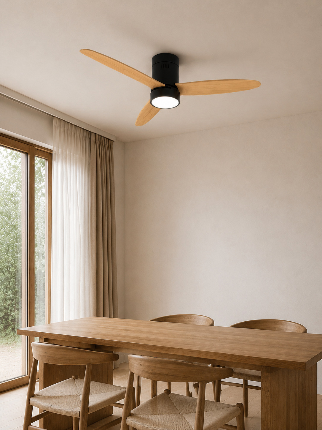 Wooden Color black flush mount fan above a dining table