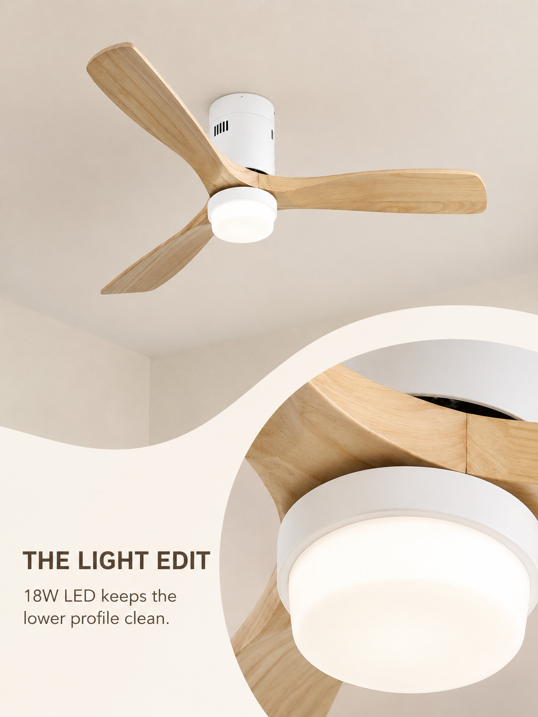 18W integrated LED detail on Wooden Color flush fan