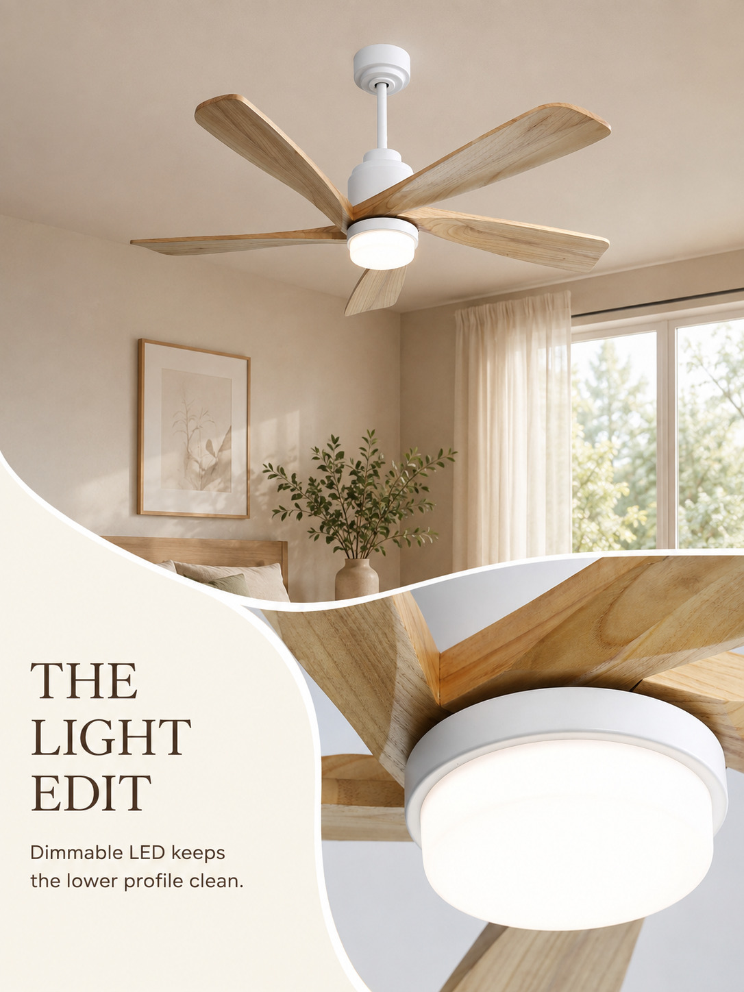 Dimmable integrated LED detail on Wooden Color fan