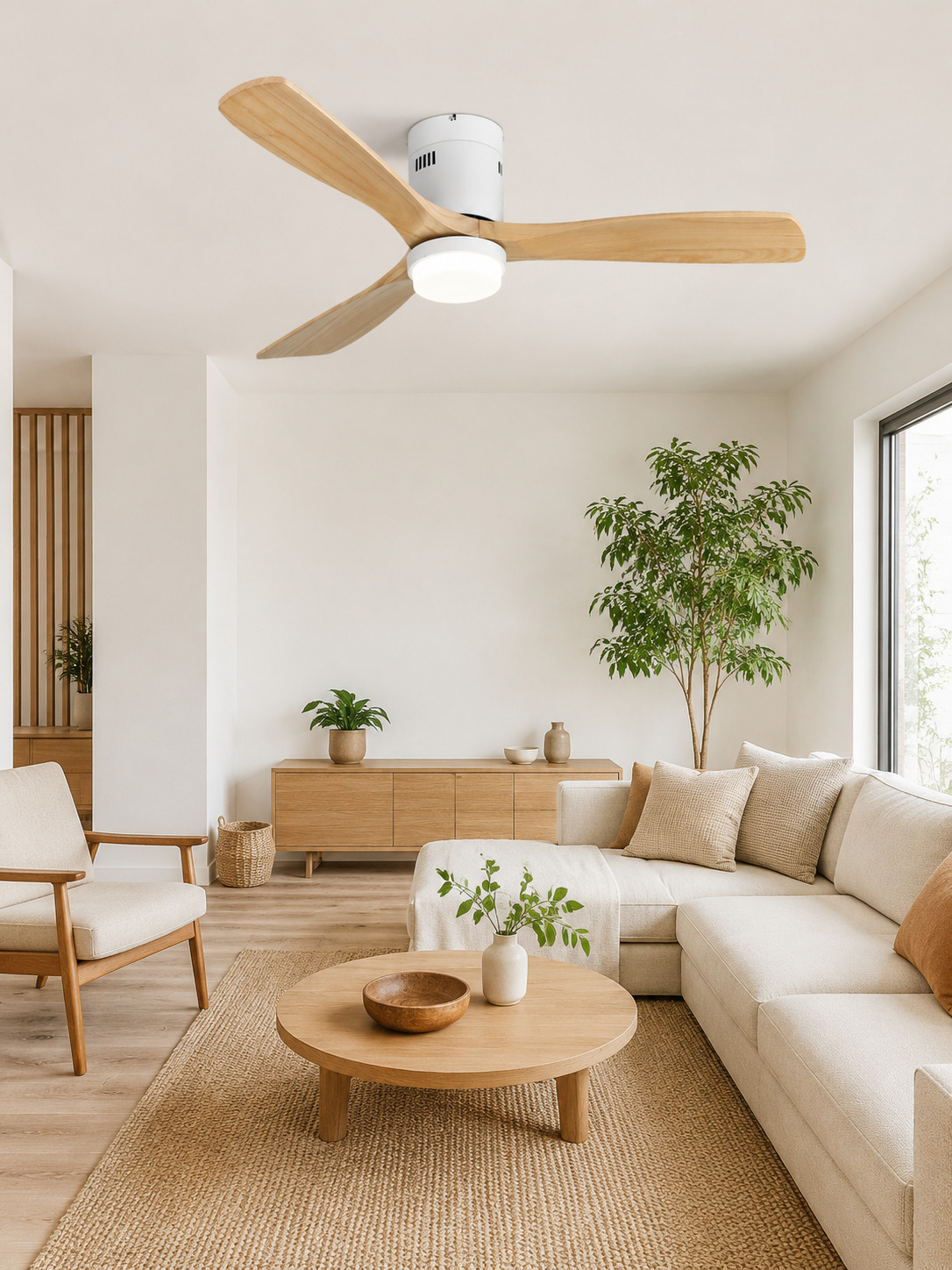 Wooden Color flush ceiling fan in a calm living room