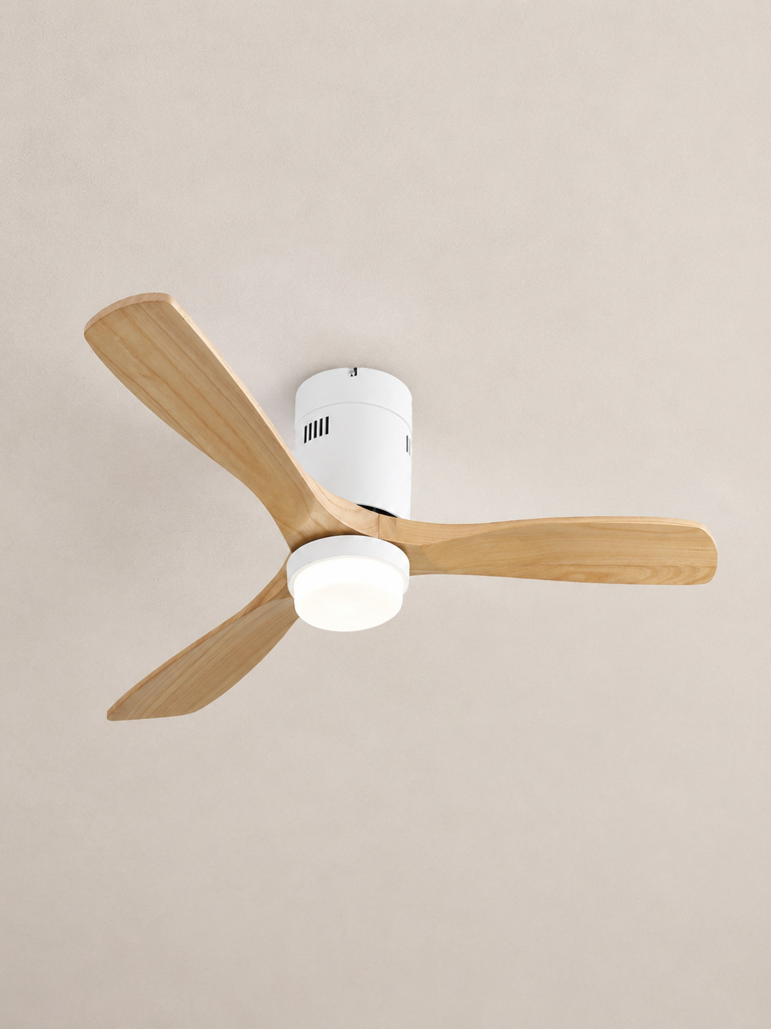 Wooden Color high cylinder flush mount ceiling fan centered on ivory