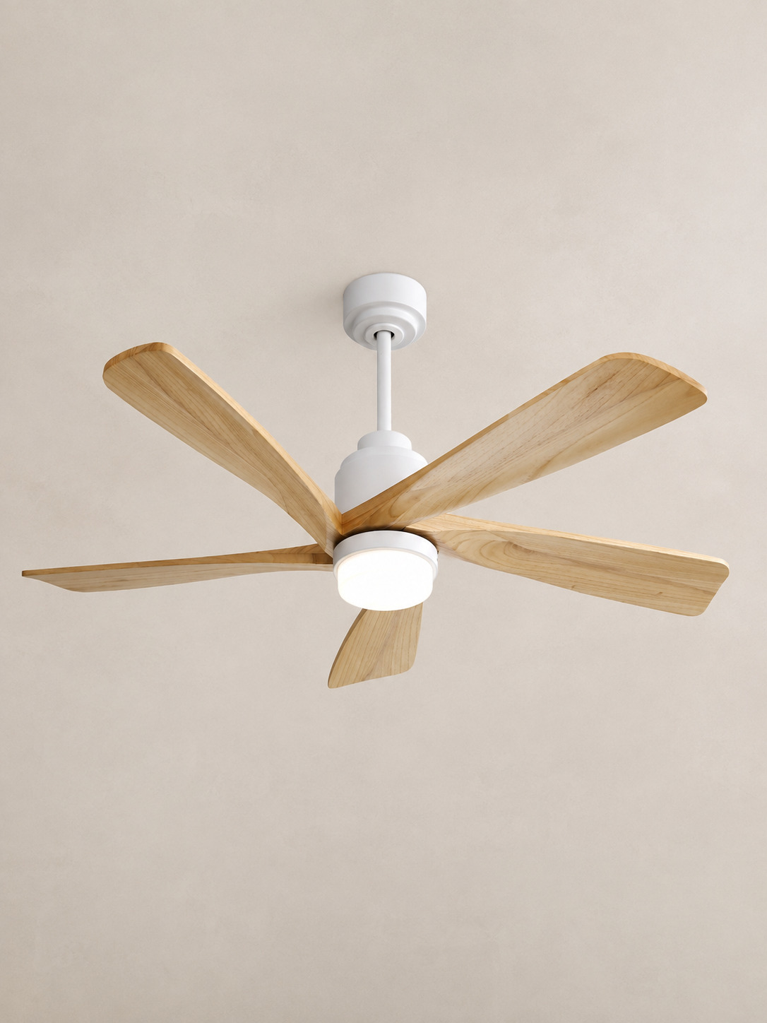Wooden Color five-blade ceiling fan centered on pale ivory