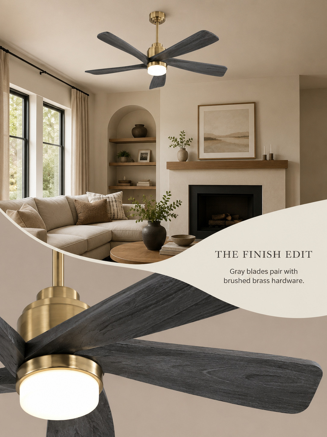 Gray blade and brushed brass ceiling fan finish display