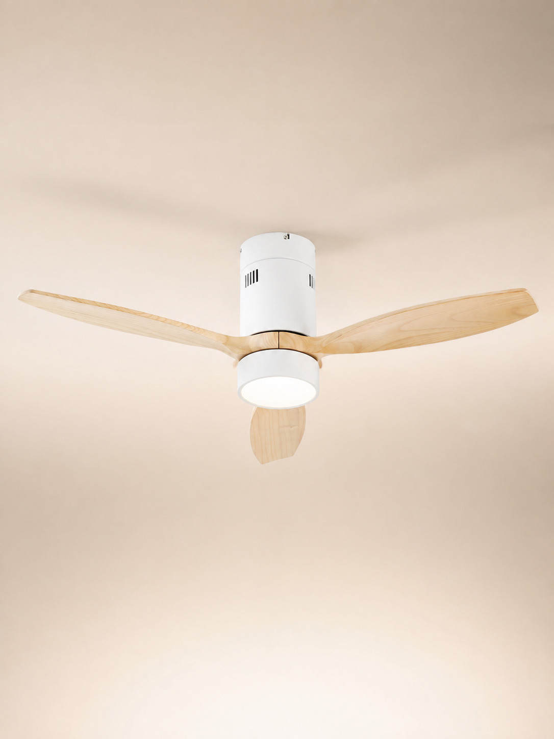 Wooden Color high cylinder flush mount ceiling fan centered on ivory