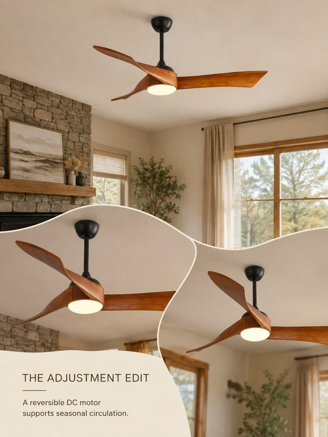Reversible DC ceiling fan in a warm interior