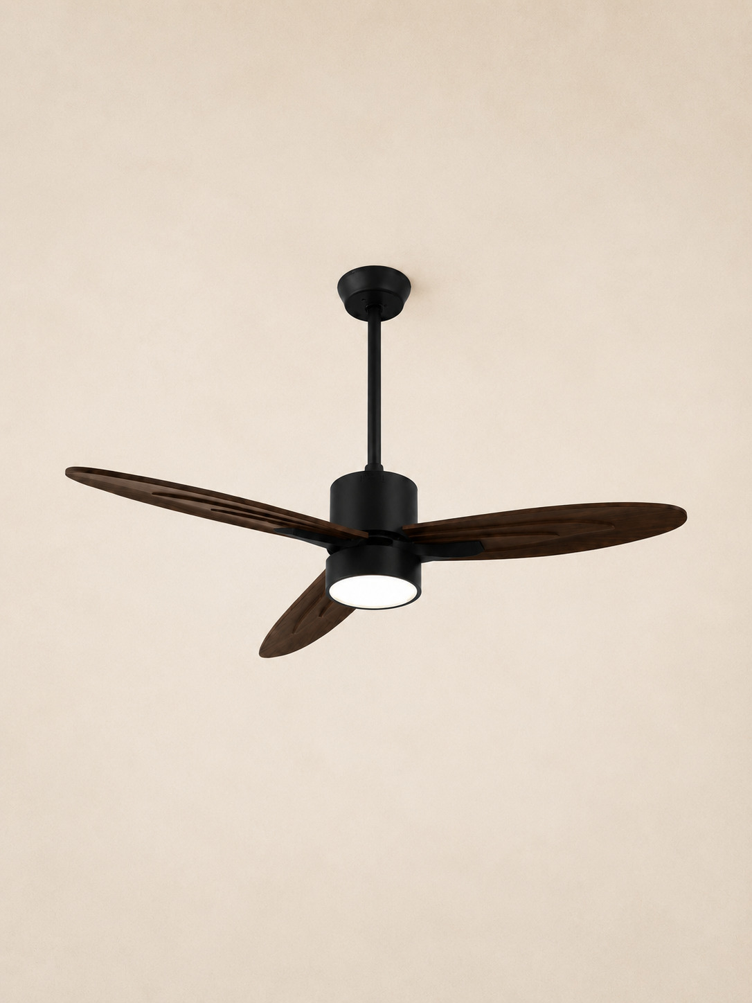 Walnut Color downrod ceiling fan centered on pale ivory