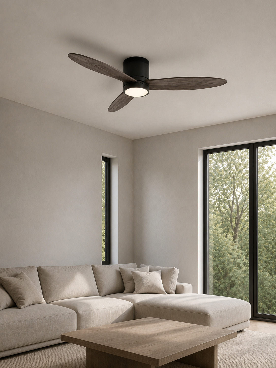 Gray flush mount ceiling fan in a warm living room