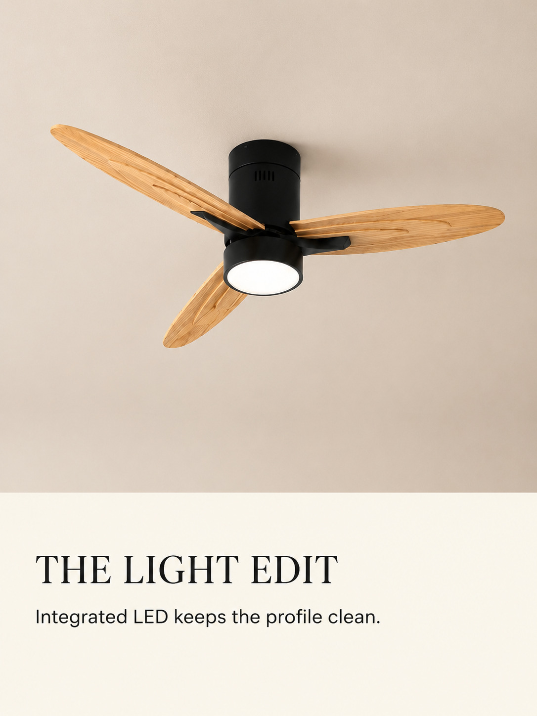 Integrated LED detail on Wooden Color flush mount fan