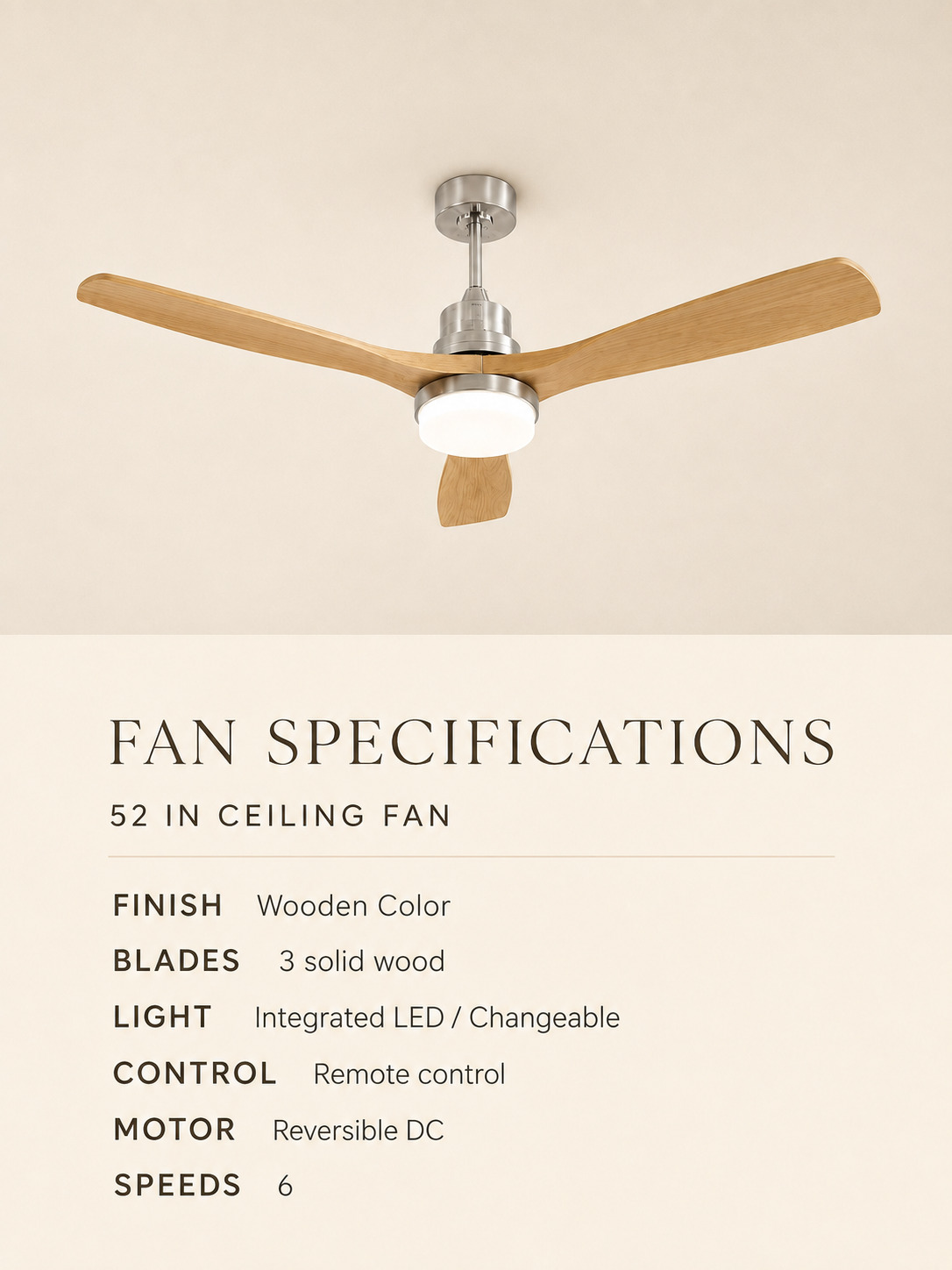 52 inch Wooden Color ceiling fan specifications