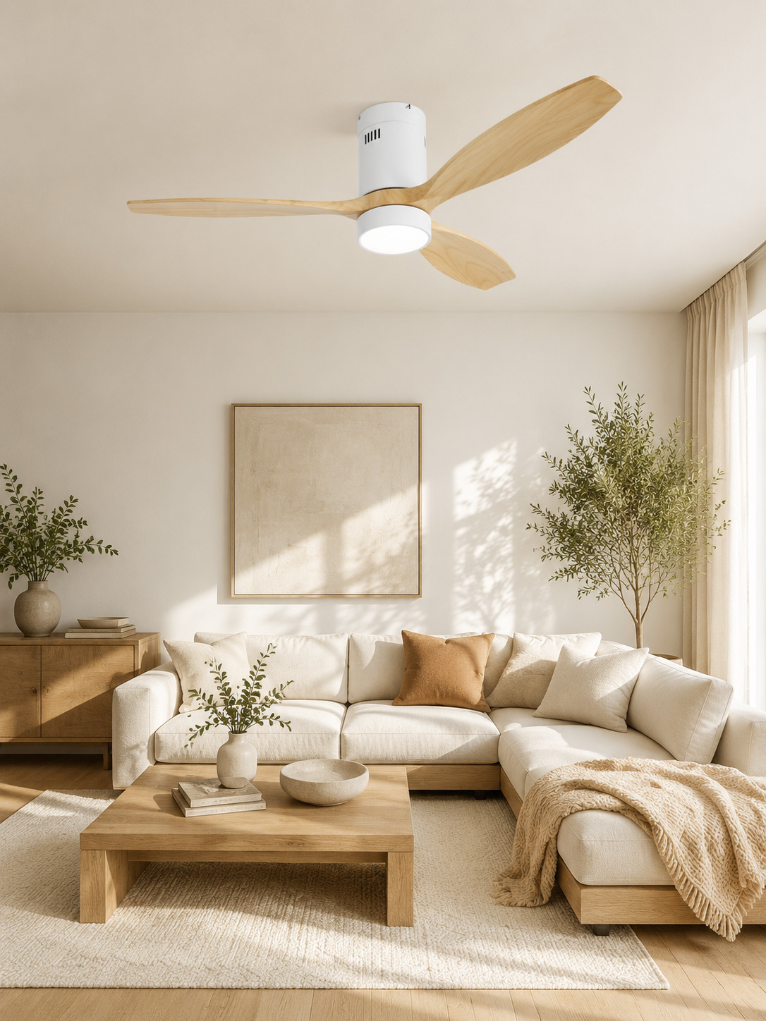 Wooden Color flush ceiling fan in a calm living room