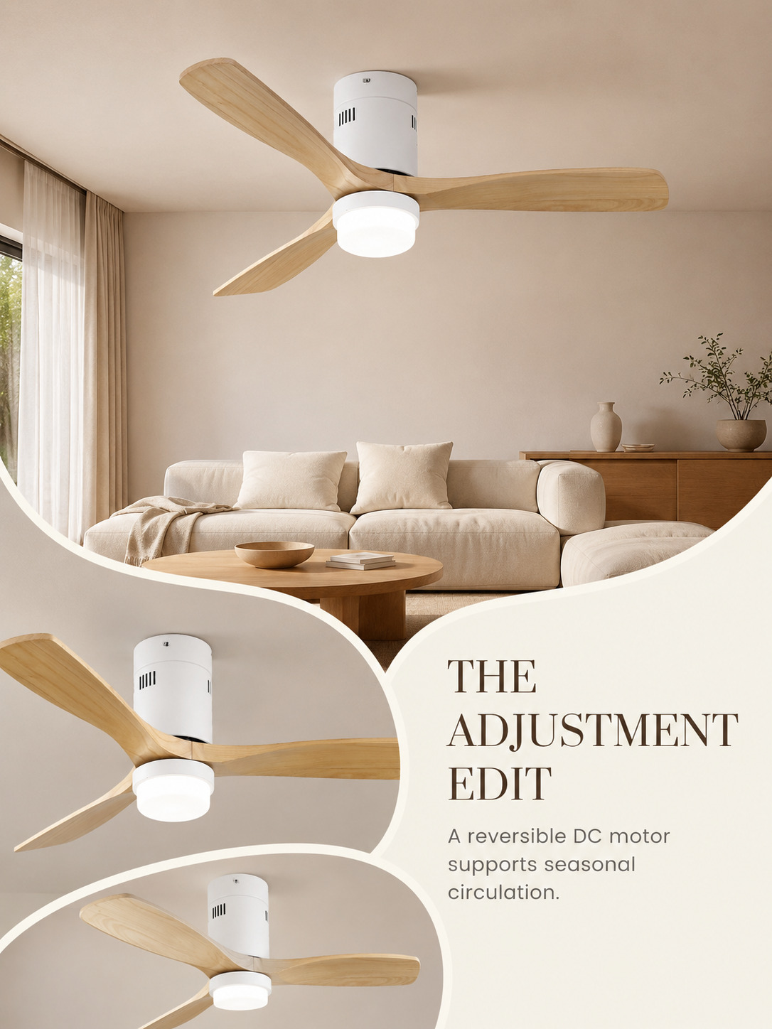 Reversible DC motor feature on Wooden Color flush fan