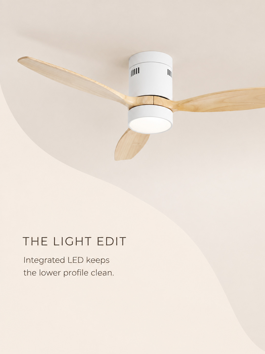 Integrated LED detail on Wooden Color flush fan