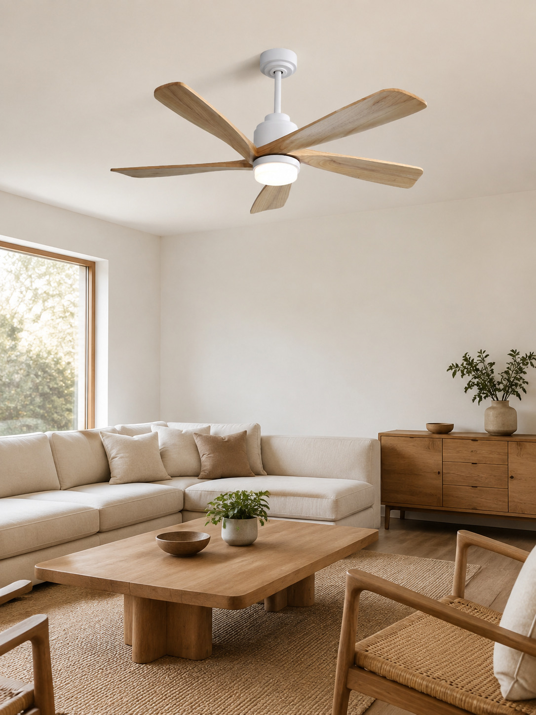 Wooden Color five-blade fan in a calm living room