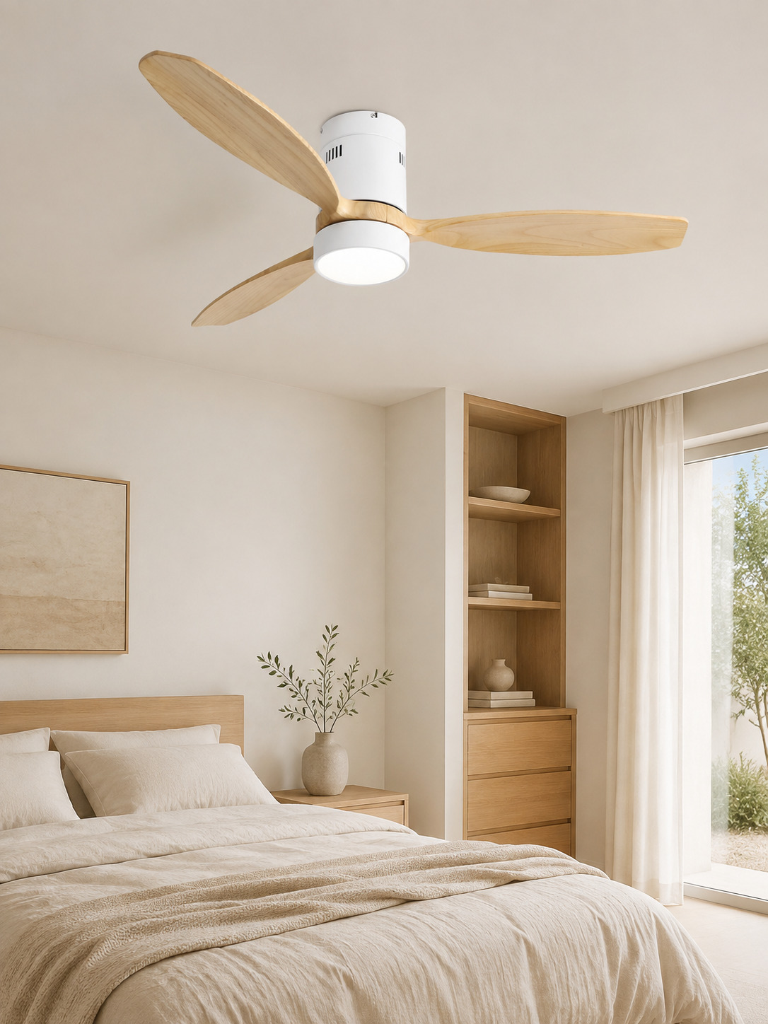 Wooden Color flush ceiling fan in a bright bedroom