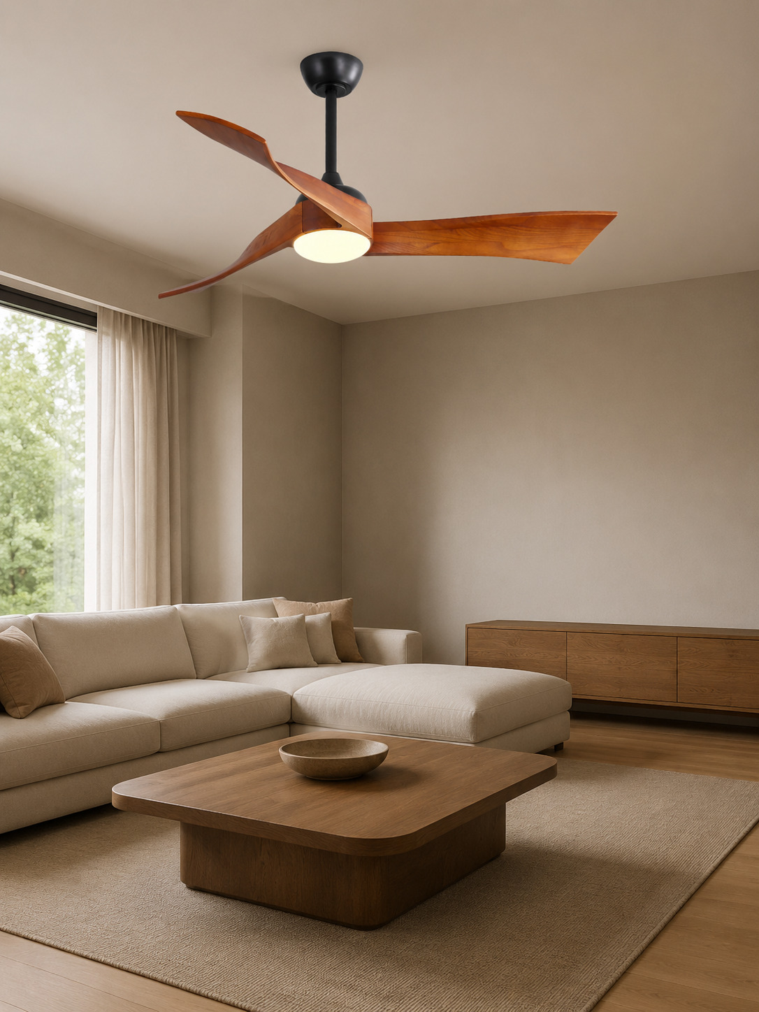 Walnut Color ceiling fan above a calm living room