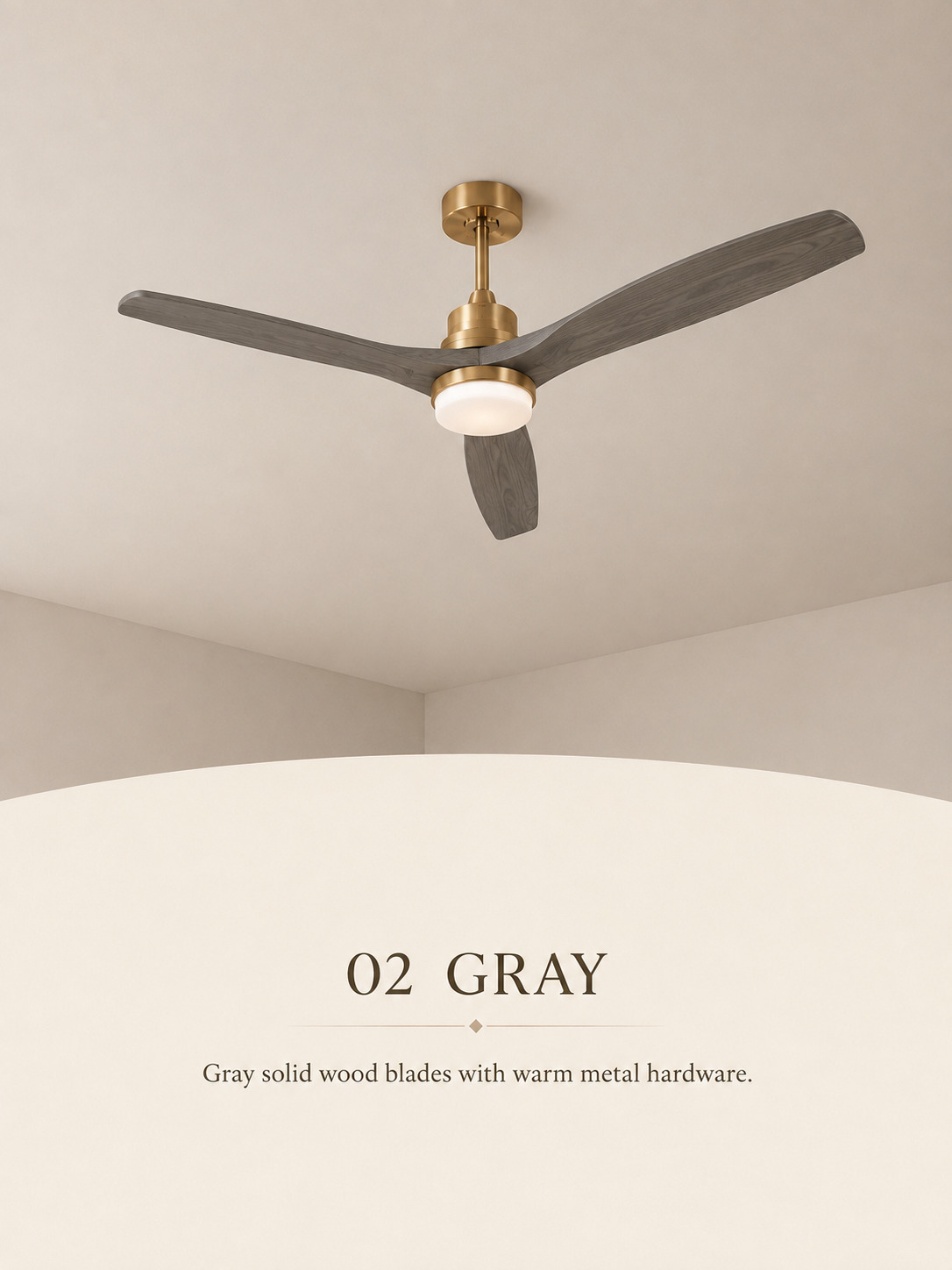 Gray three-blade fan with warm metal hardware