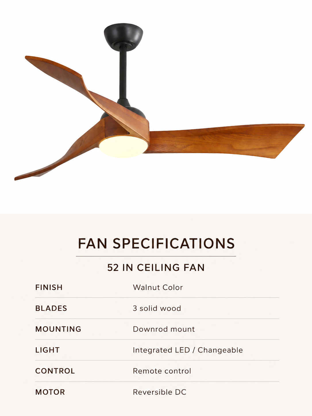 52 inch Walnut Color ceiling fan specifications