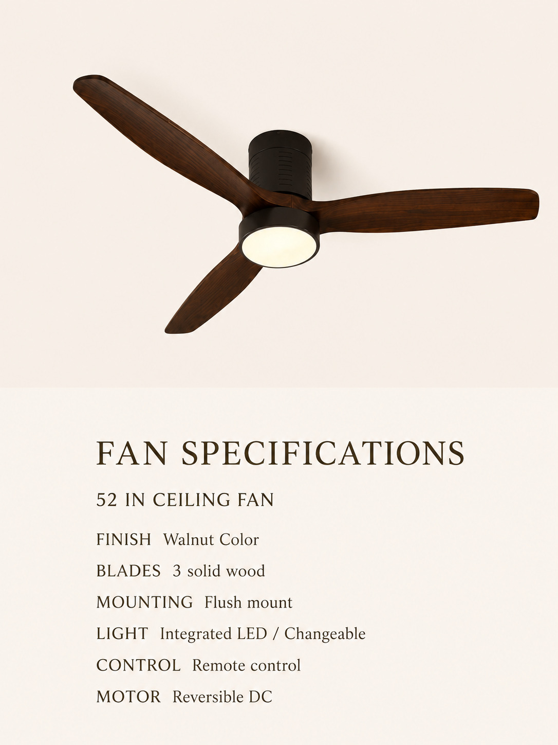 52 inch Walnut Color ceiling fan specifications